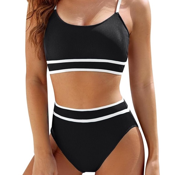 NWT BMJL Black And White Ribbed 2 Piece Swim Set Size M - Picture 1 of 10